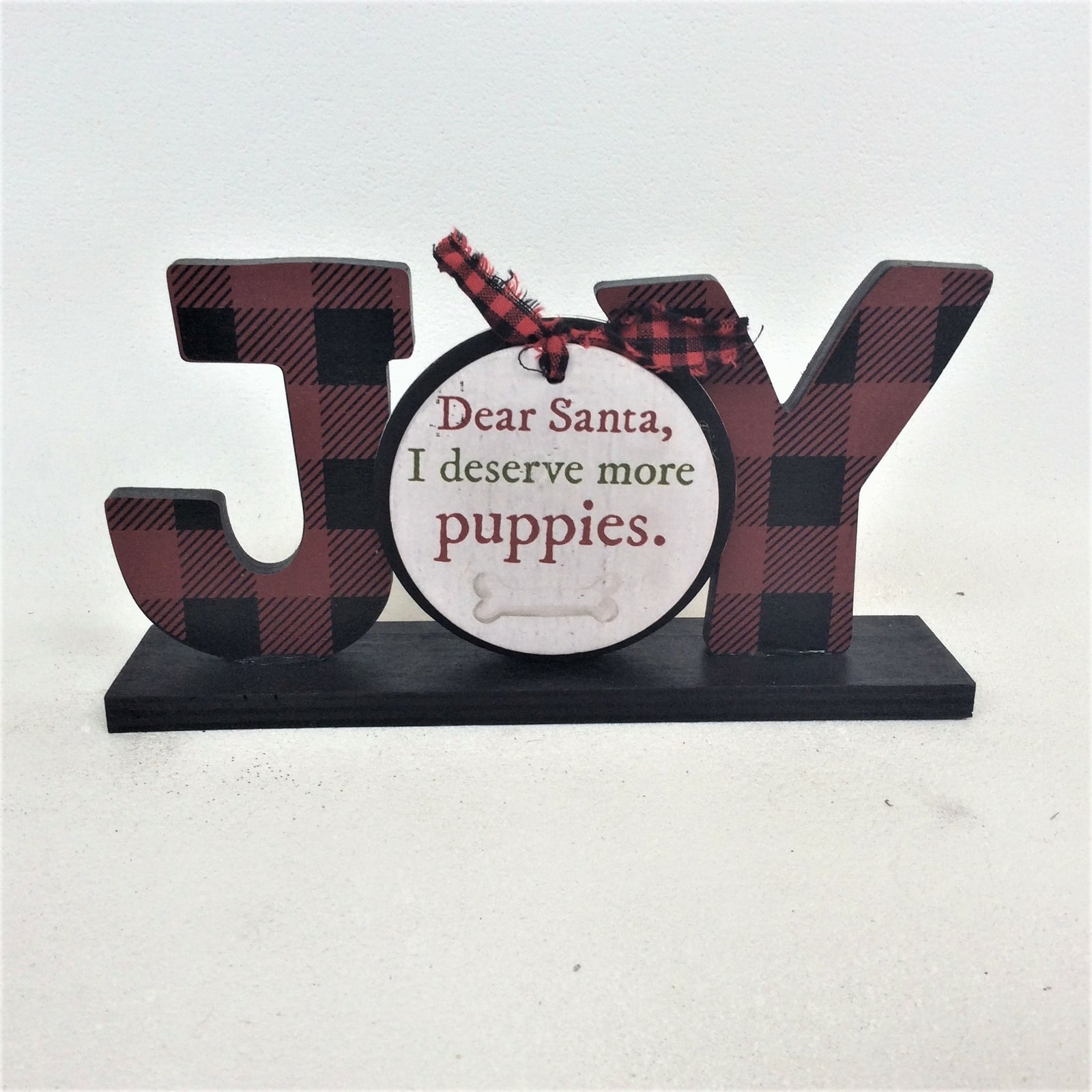 AGD Christmas Decor - Buffalo Check Plaid Joy Puppies Tabletop Sign
