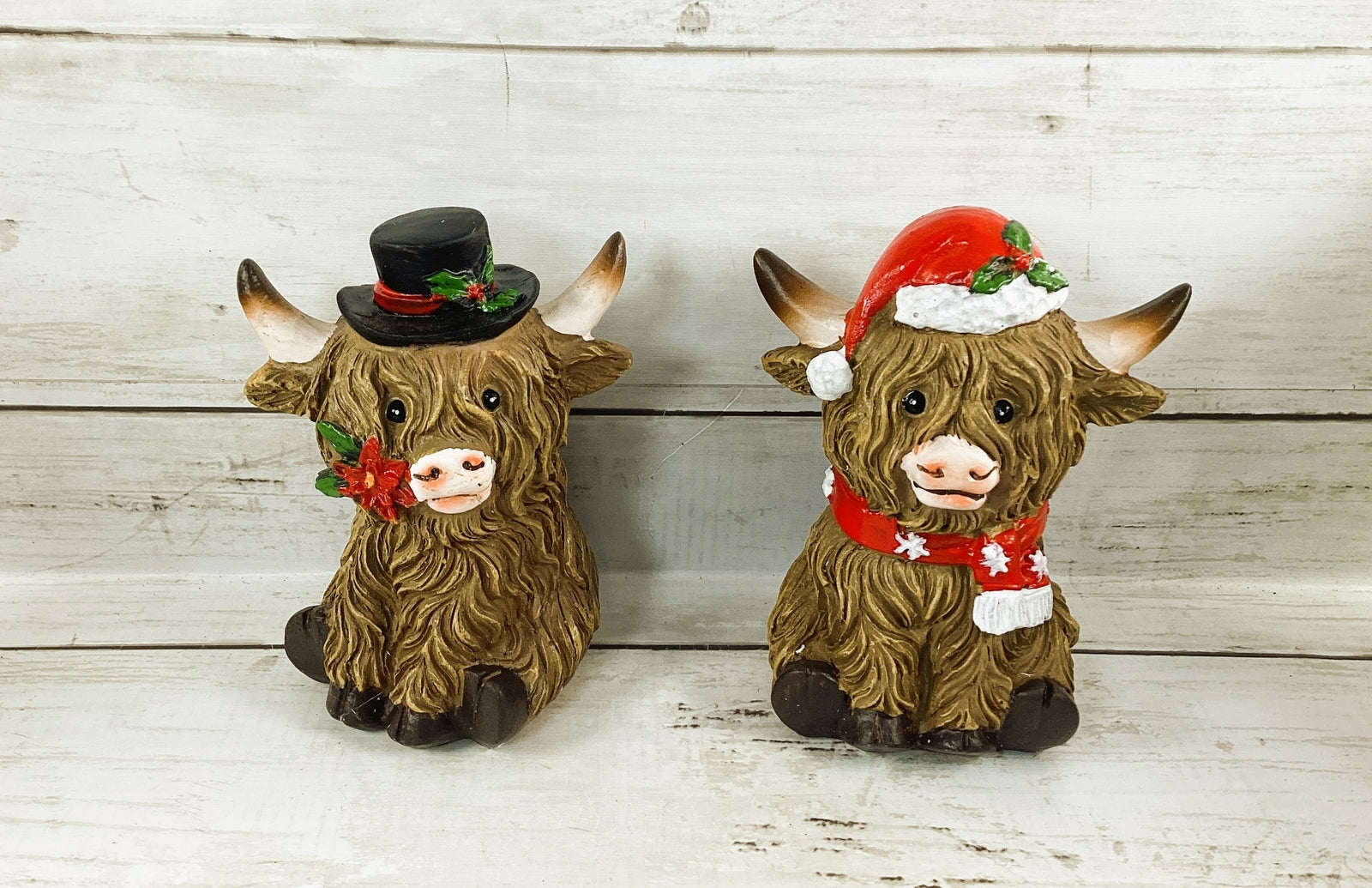 AGD Christmas Decor - Resin Scottish Highland Cow Couple Figurines 3pc Set