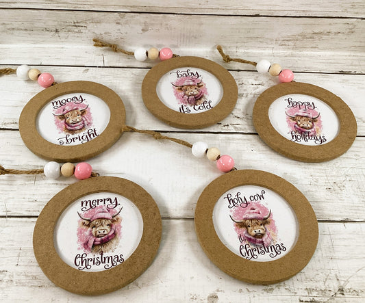 AGD Christmas Decor - Pink Highland Scottish Cow Ornaments 4pc Set