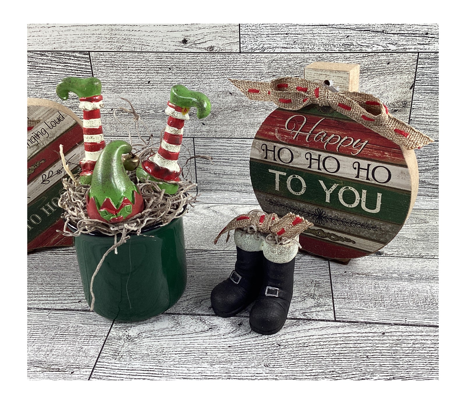 AGD Christmas Decor - Elf  Santa Boots Prim Bulbs Ornaments Tier Tray 4pc Set