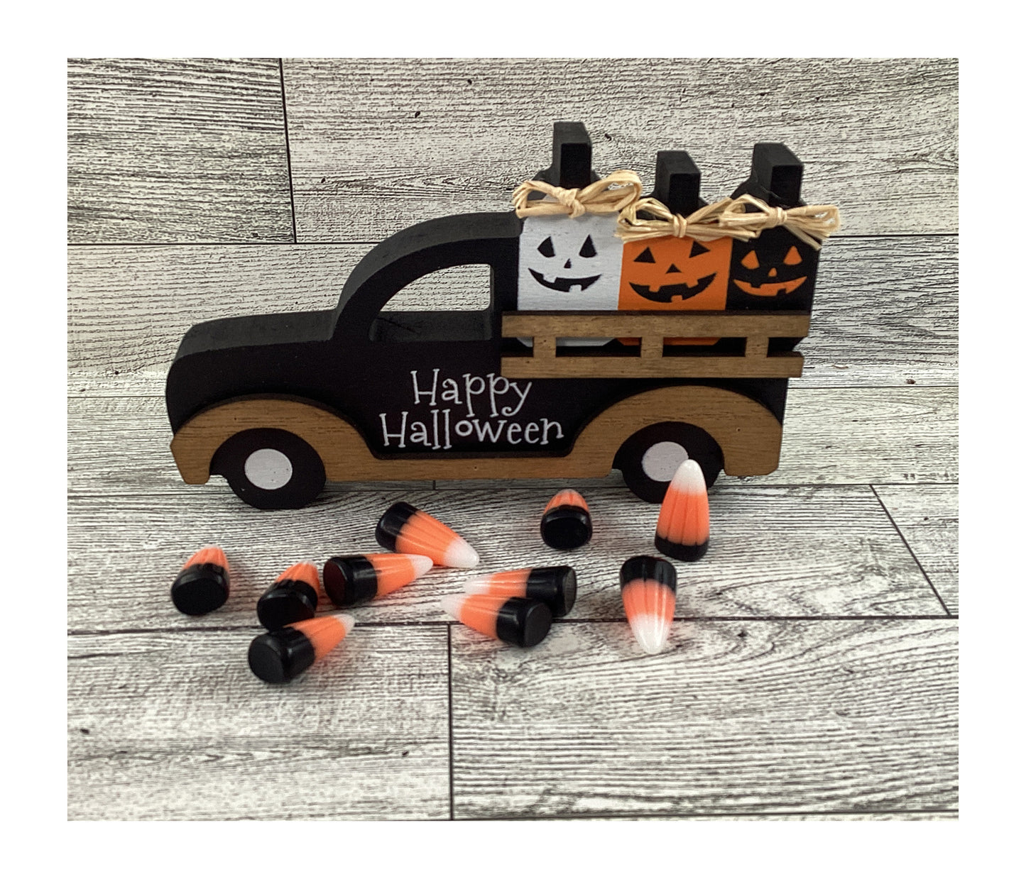 CWI Halloween Decor - Jack O Lantern Wood Truck Fake Candy Corn