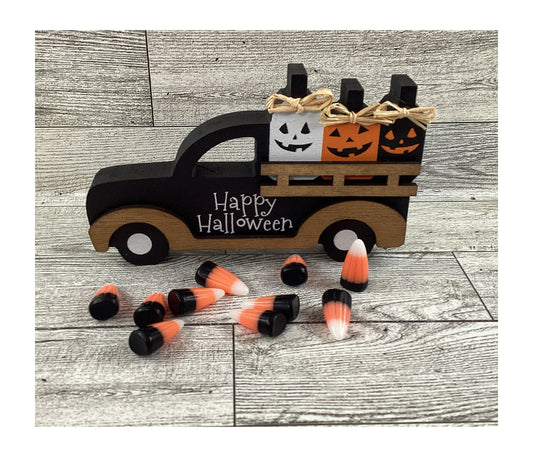 CWI Halloween Decor - Jack O Lantern Wood Truck Fake Candy Corn
