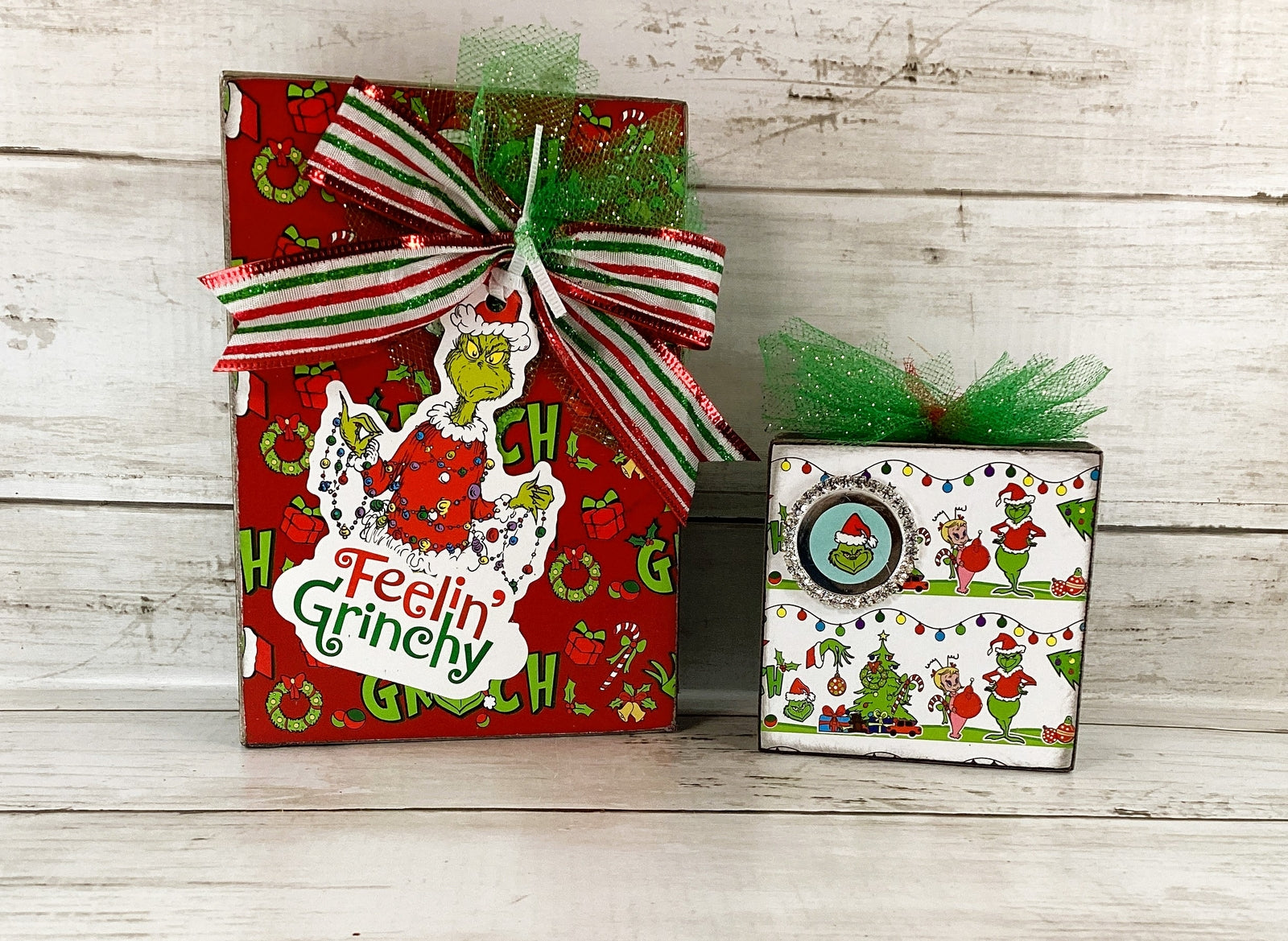 AGD Christmas Decor - Whimsy Green Monster Wood Gift Box Signs 2pc