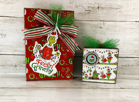 AGD Christmas Decor - Whimsy Green Monster Wood Gift Box Signs 2pc