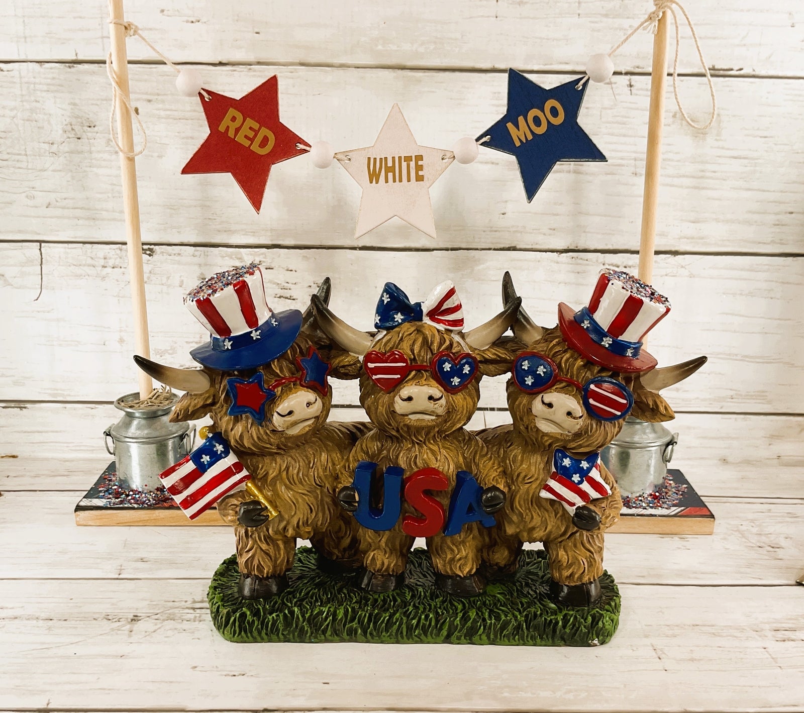 AGD Patriotic Decor - Red White Moo July 4th Highland Cows Banner Stand