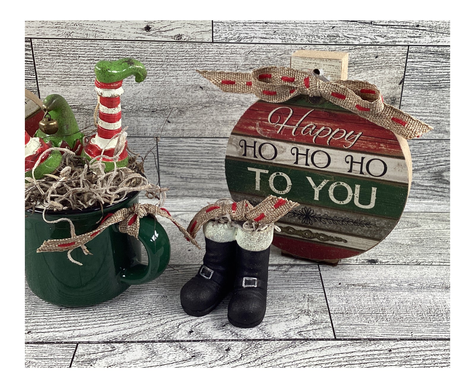 AGD Christmas Decor - Elf  Santa Boots Prim Bulbs Ornaments Tier Tray 4pc Set