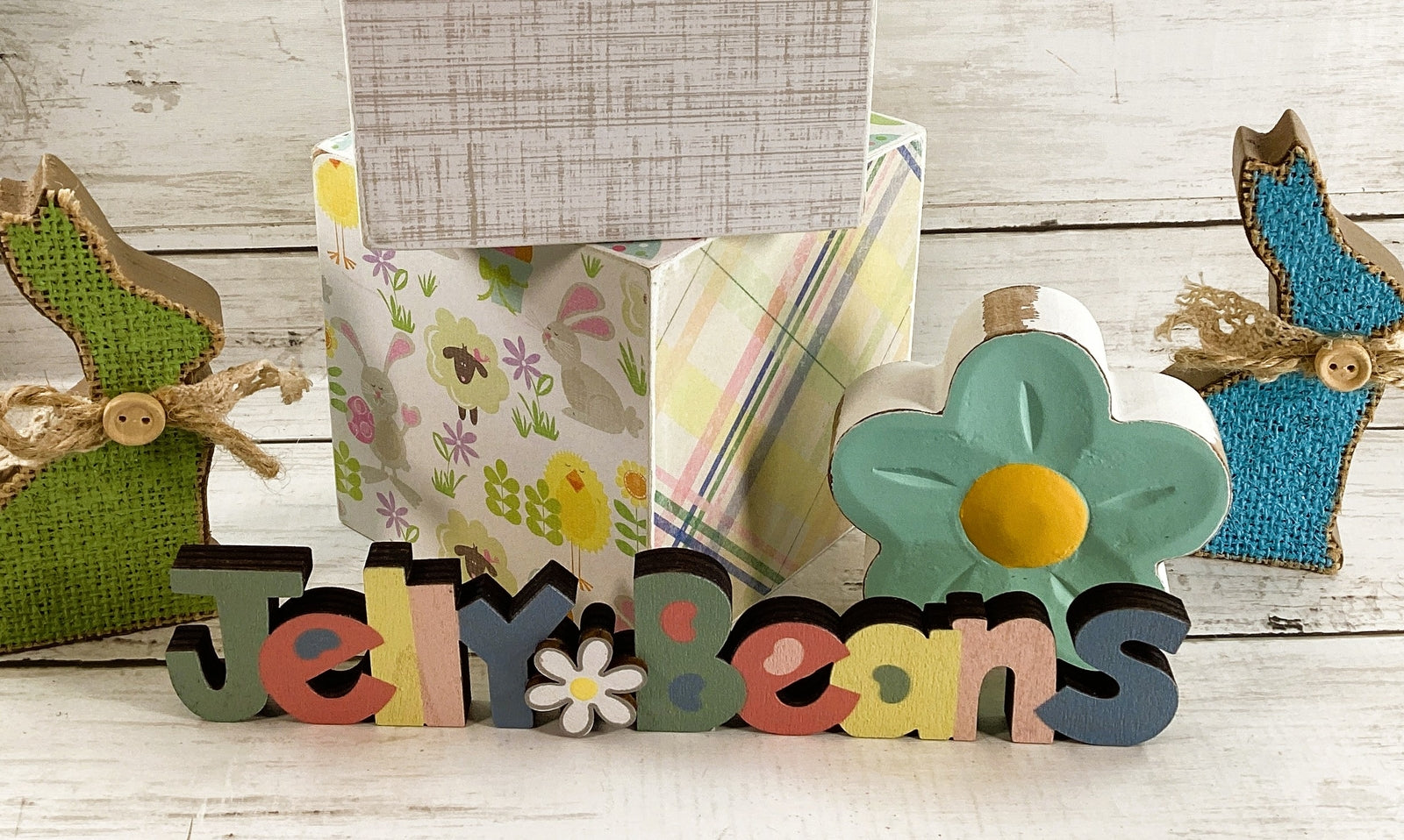 AGD Easter Decor - Jellybeans Block Signs Rabbit Spring Flowers Display