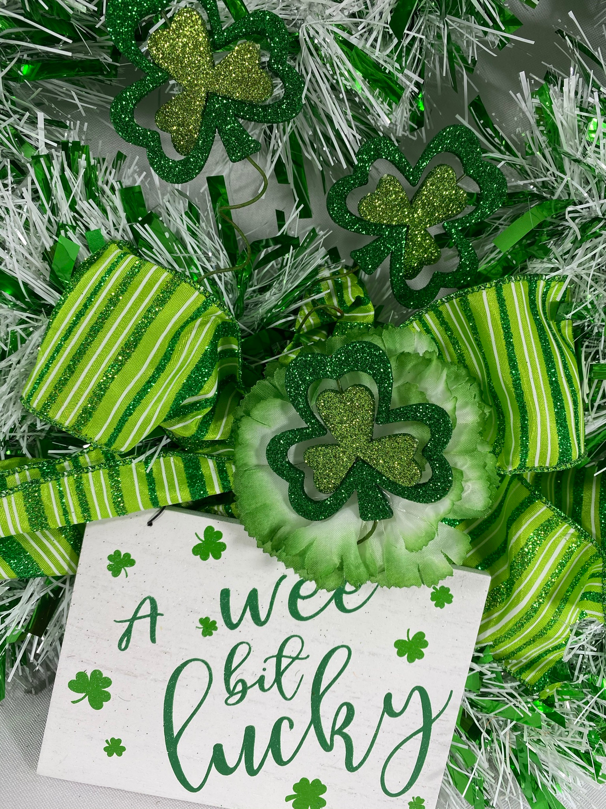 AGD St Patrick's Decor - Green White Tinsel Shamrock Wee Bit Lucky Wreath