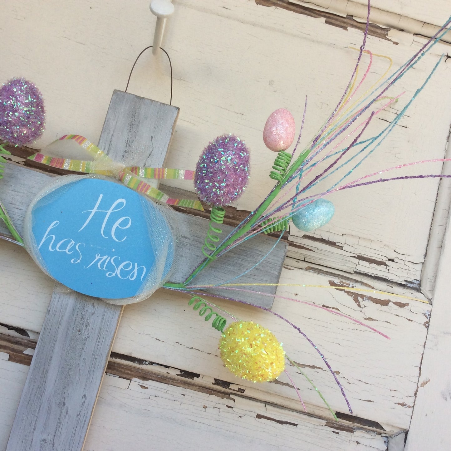 AGD Easter Decor –  He Has Risen White Wash Wood Cross