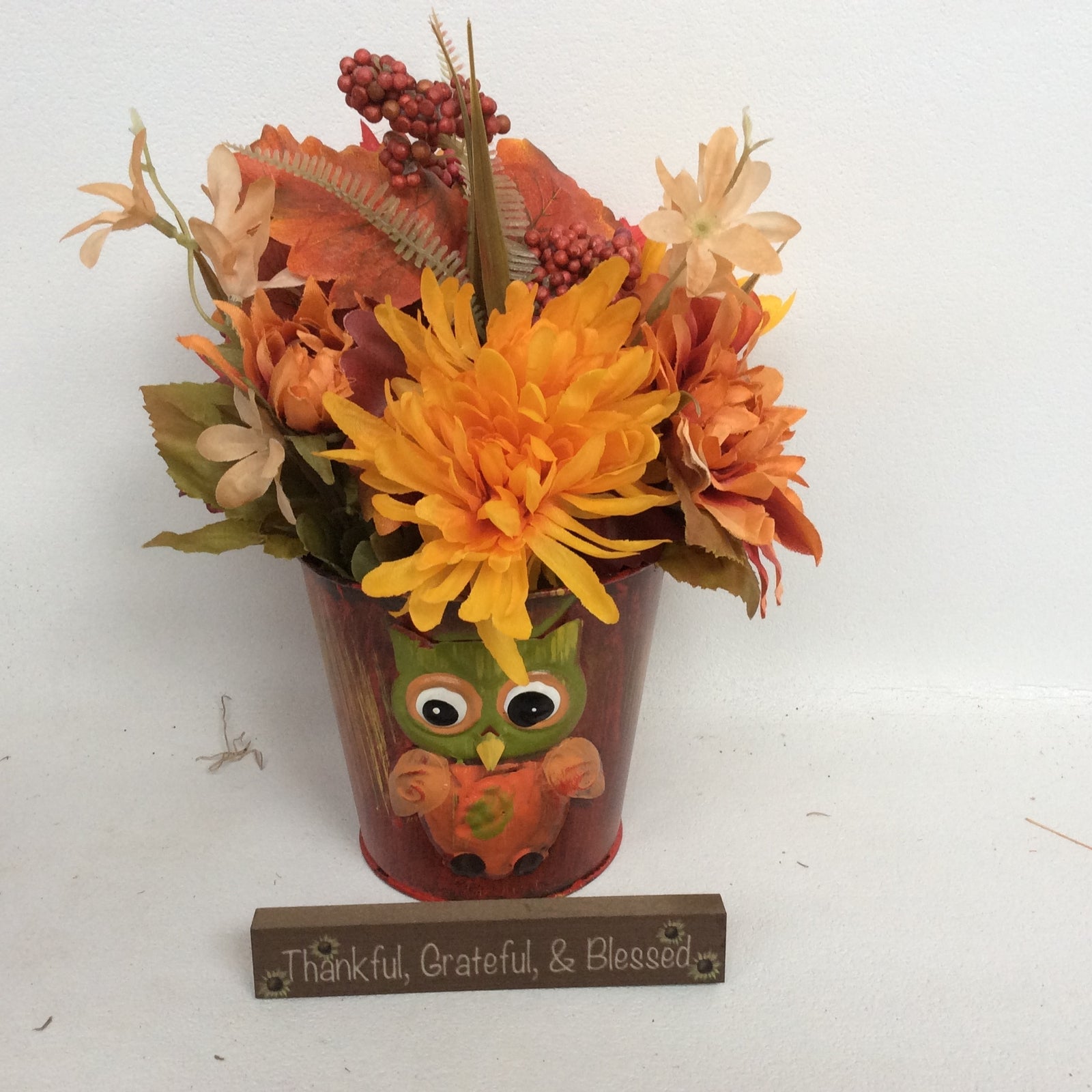 AGD Fall Decor - Owl Tin Filled Artificial Floral Display