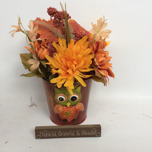 AGD Fall Decor - Owl Tin Filled Artificial Floral Display