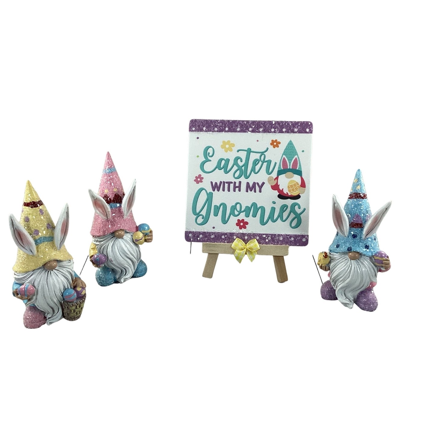 AGD Easter Decor - Resin Gnome Glitter Bunny Rabbit Tier Tray 4pc Set (E)