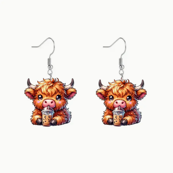 TM Jewelry - Highland Cow Latte Coffee Earrings