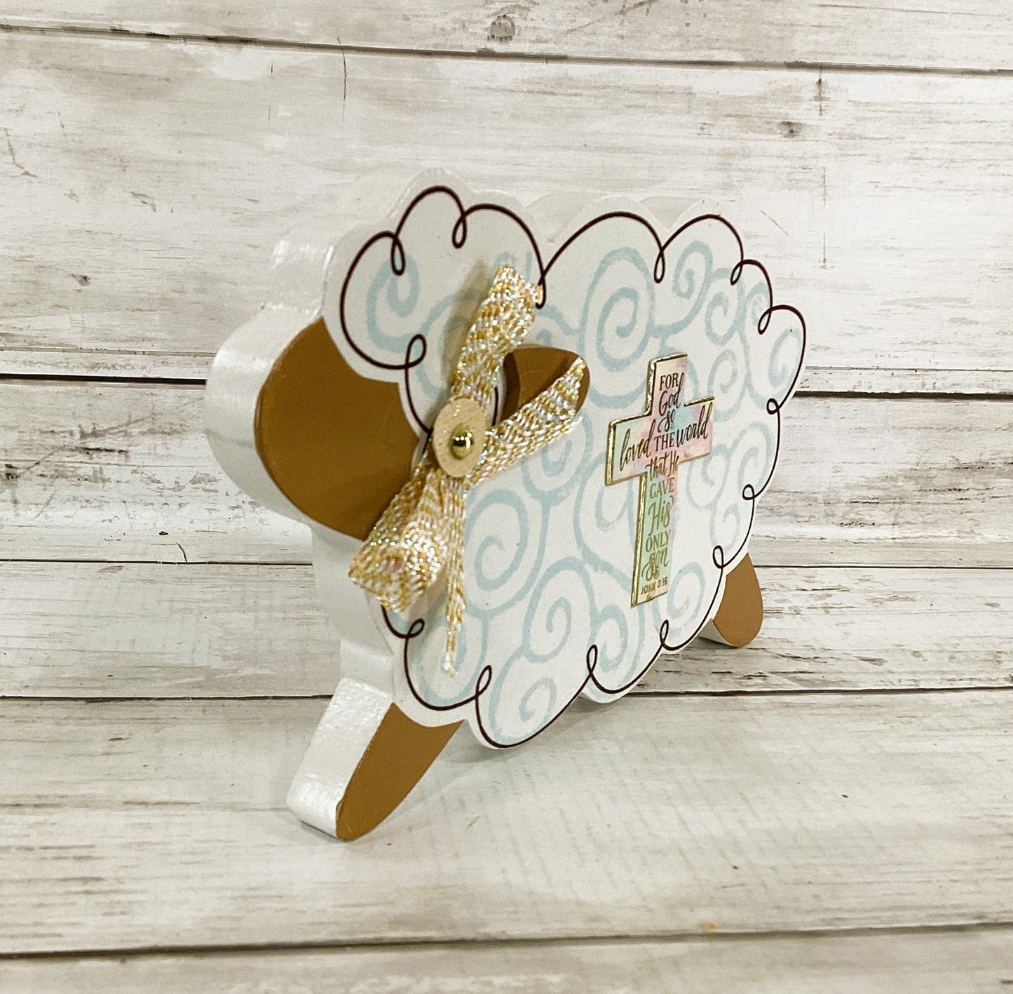 AGD Easter Decor - Chunky Wood Blue White Lamb Sheep John 3:16