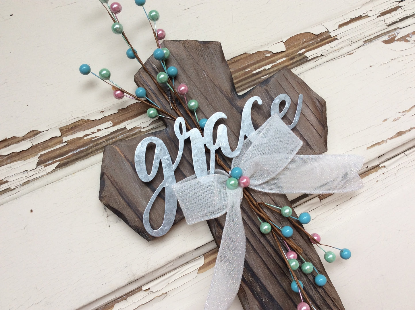AGD Easter Spring Home Decor - Farmhouse Grace Wood Pipberry Cross