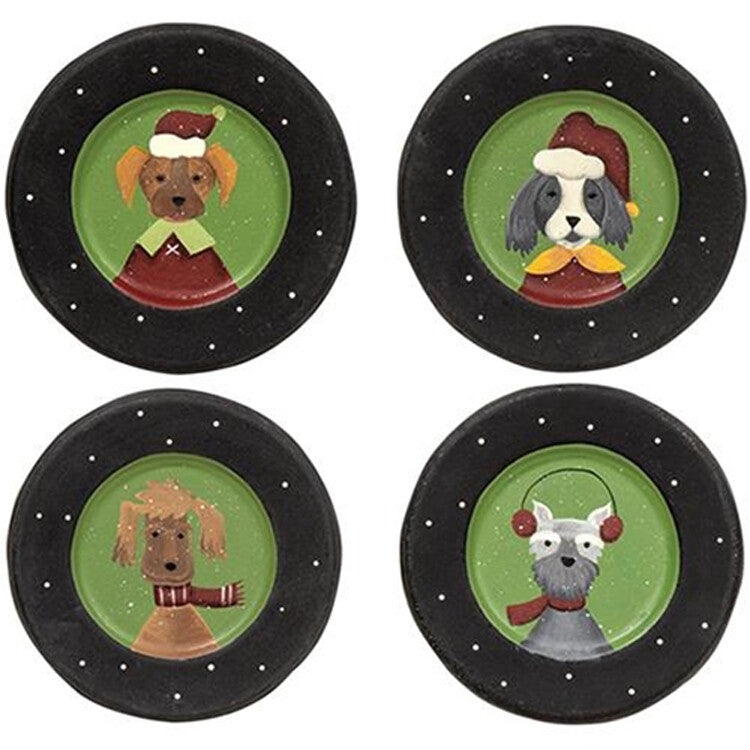 CWI Christmas Decor - Prim Dogs in Santa Hats Winter Wear 4pc Set