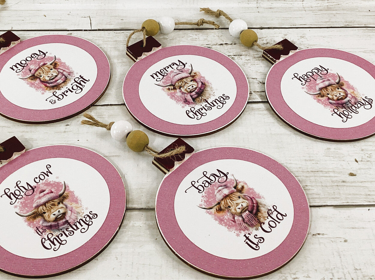 AGD Christmas Decor - Pink Highland Scottish Cow Ornaments 4pc Set