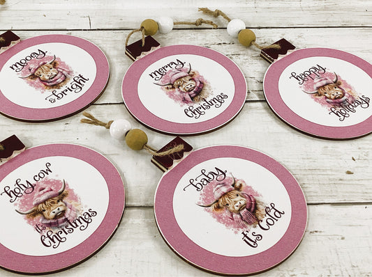 AGD Christmas Decor - Pink Highland Scottish Cow Ornaments 4pc Set