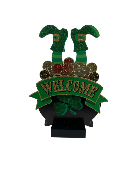 AGD Saint Patrick's Day Decor - Welcome Leprechaun Pot of Gold Tabletop Sitter