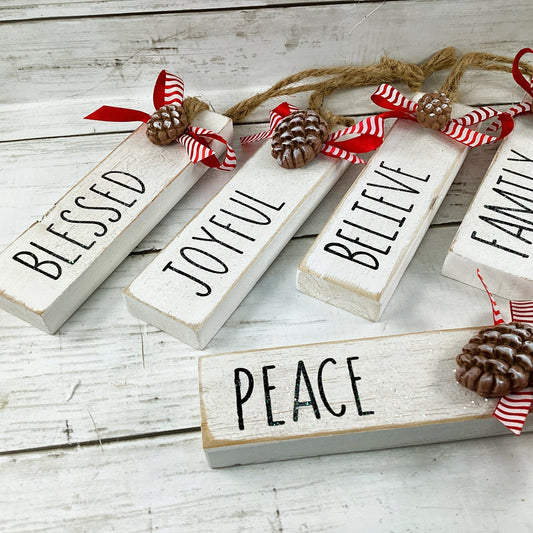 AGD Christmas Decor - Simple Word Sentiment Wood Tag Ornaments 6pc Set