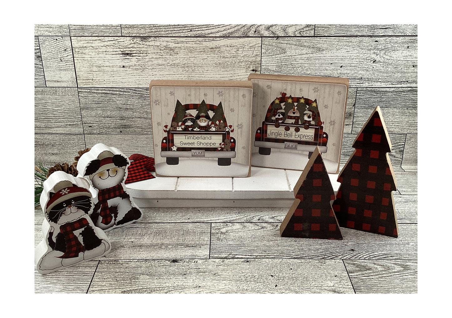 AGD Christmas Decor - Dog Cat Buffalo Plaid Wood Tree Sled Display 7pc