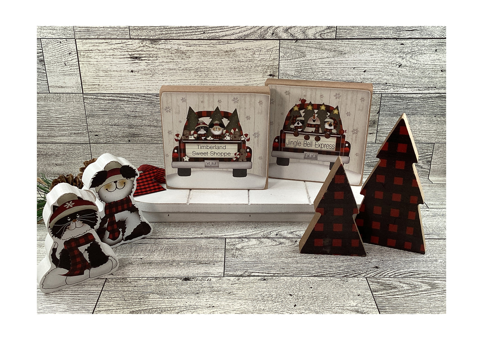 AGD Christmas Decor - Dog Cat Buffalo Plaid Wood Tree Sled Display 7pc