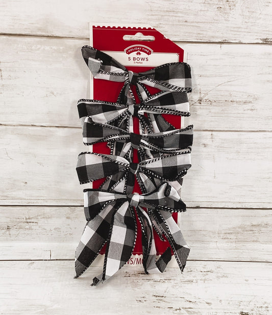 WM Christmas Decor - Small Ribbon Fabric Bows Black White Plaid 5pc
