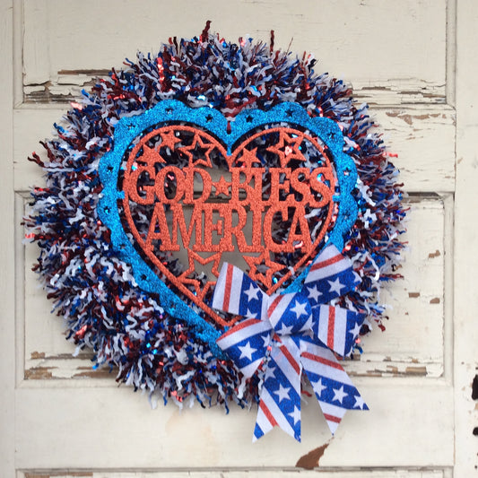 AGD Patriotic Decor - July 4th God Bless America Tinsel Wreath
