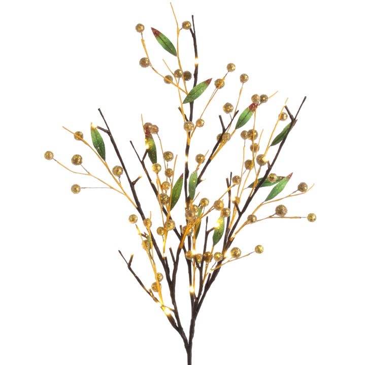 RAZ Imports Christmas Decor - LED Lighted Twig Branch Gold Berries 3pc