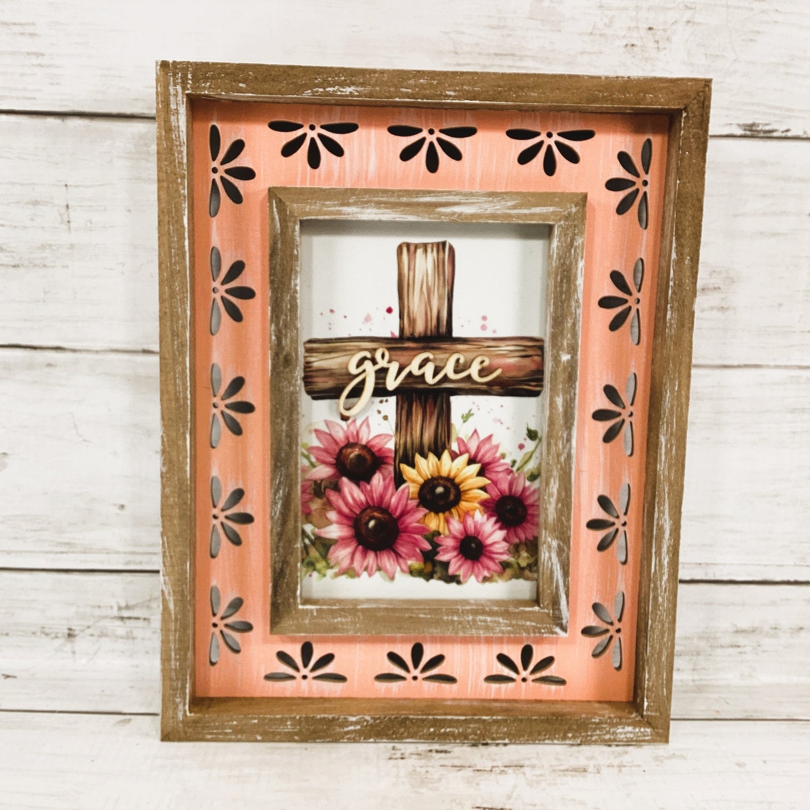 AGD Home Decor - Grace Cross Pink Sunflower Wood Tabletop Sign