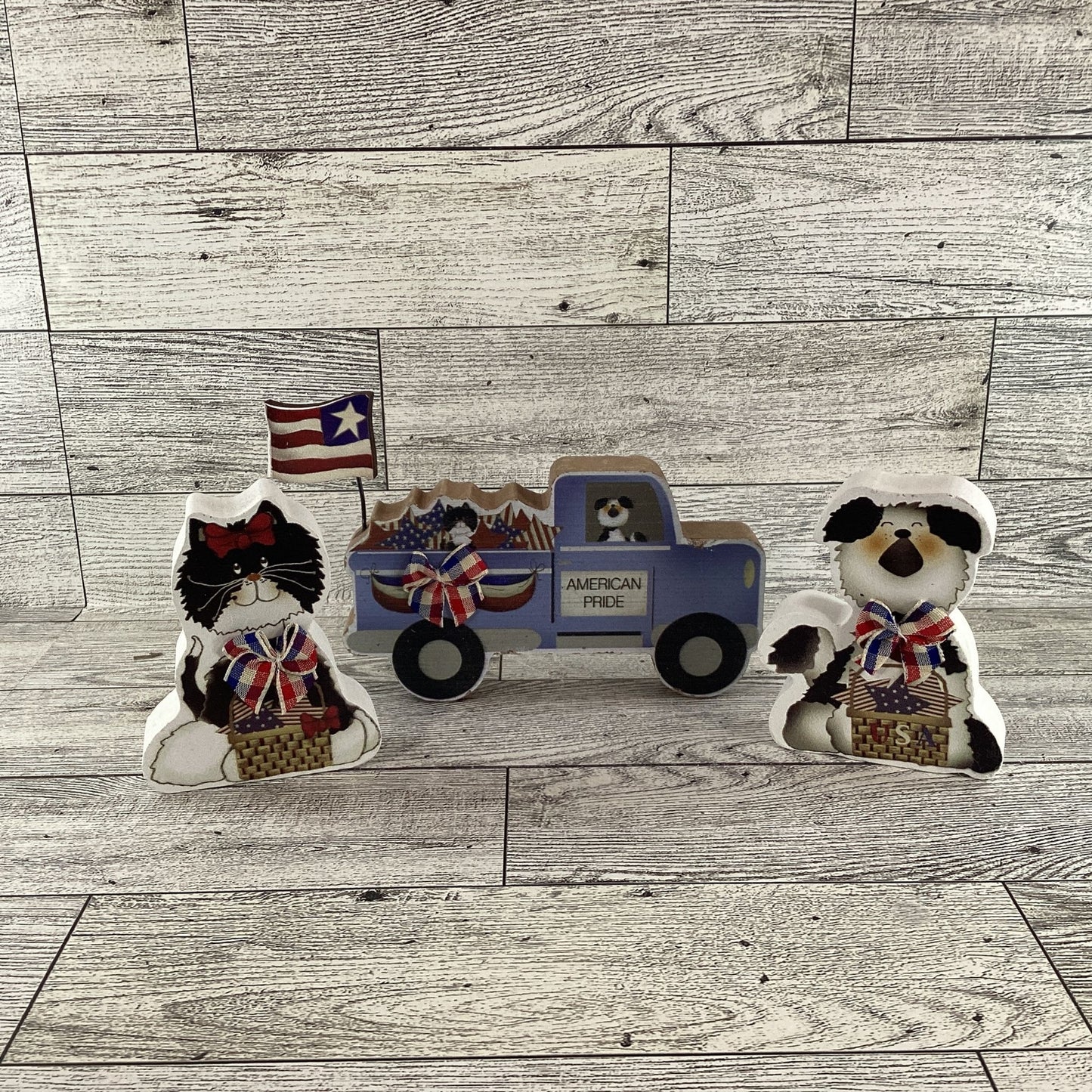AGD Patriotic Decor - July 4th Dog Cat Truck Chunky Wood Sitter 3pc Set
