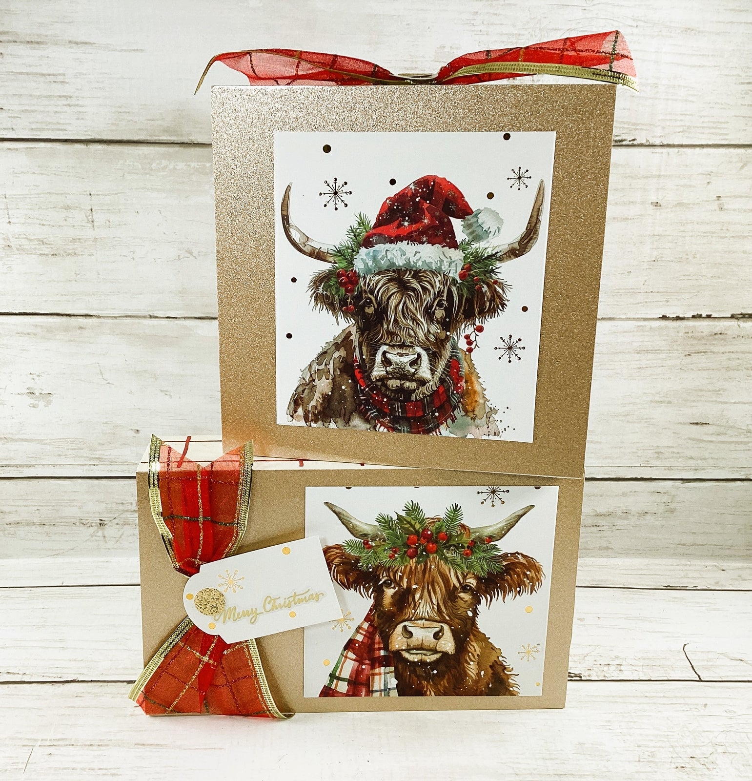 AGD Christmas Decor - Highland Scottish Cow Tabletop Box Signs 2pc Set