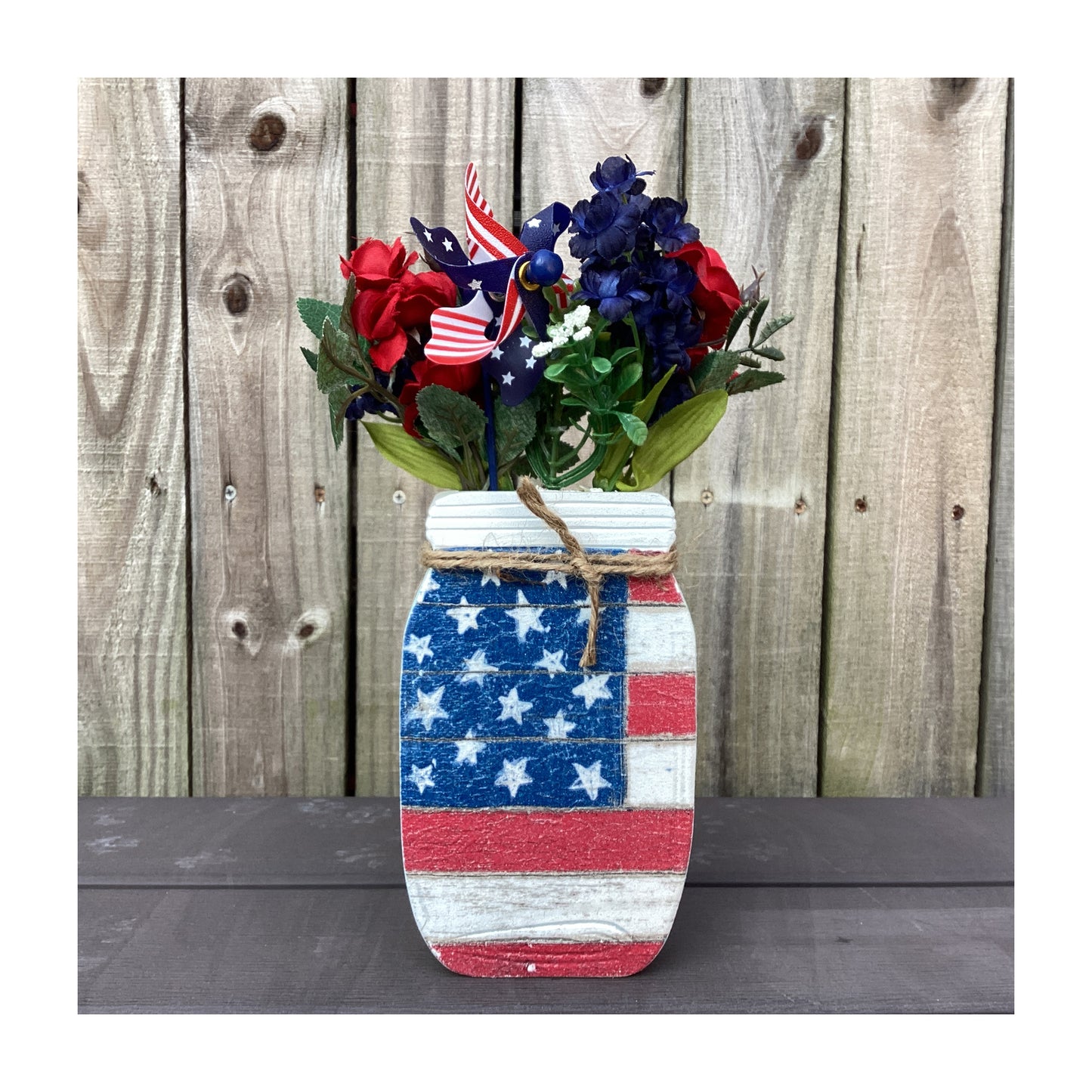 AGD  Patriotic Decor - American Flag Floral Wood Mason Jar Display