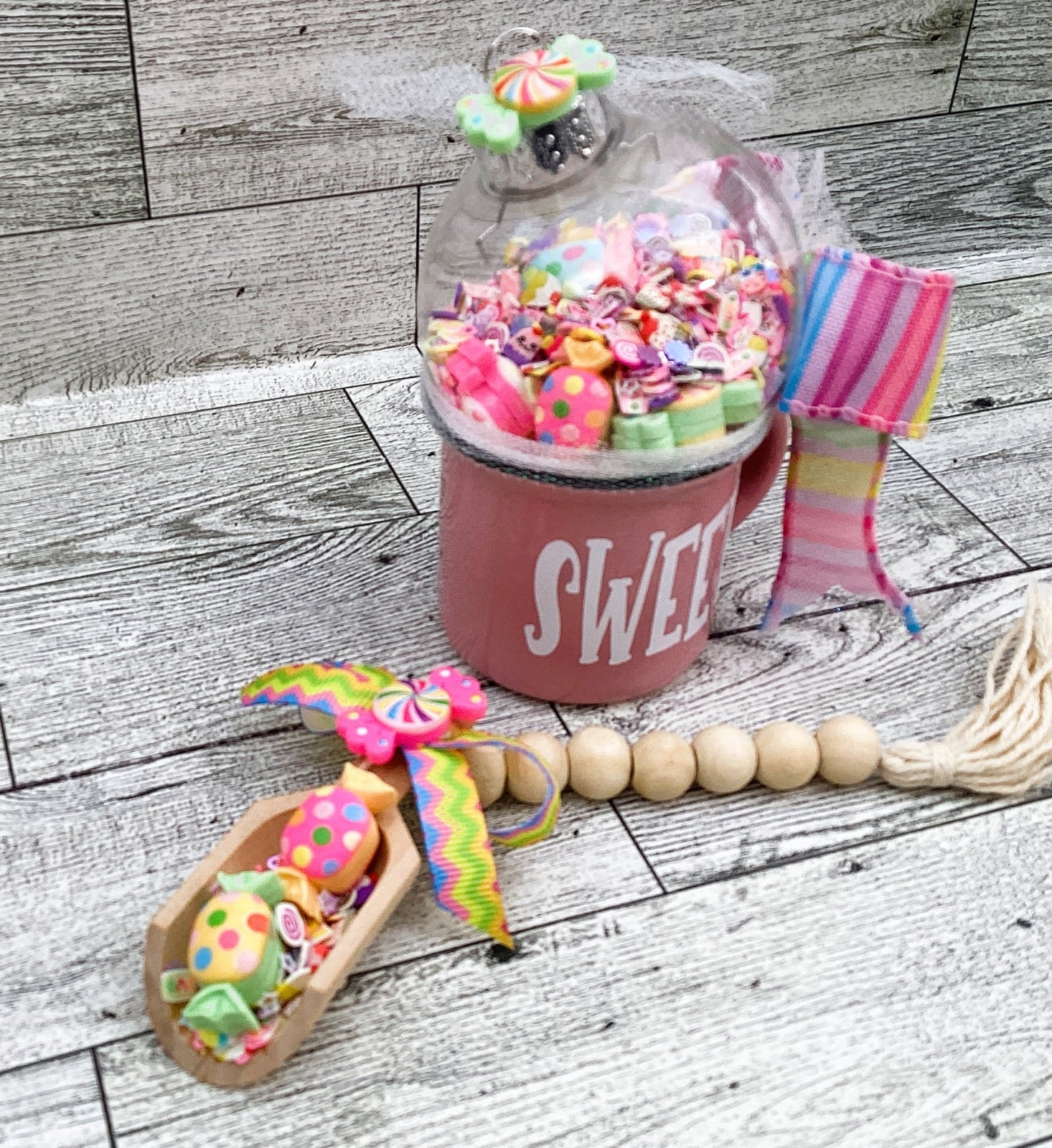 Spring Decor Sweet Candy Mini Mug Shaker Cup, Wood Spoon Garland, 2pc Set Set