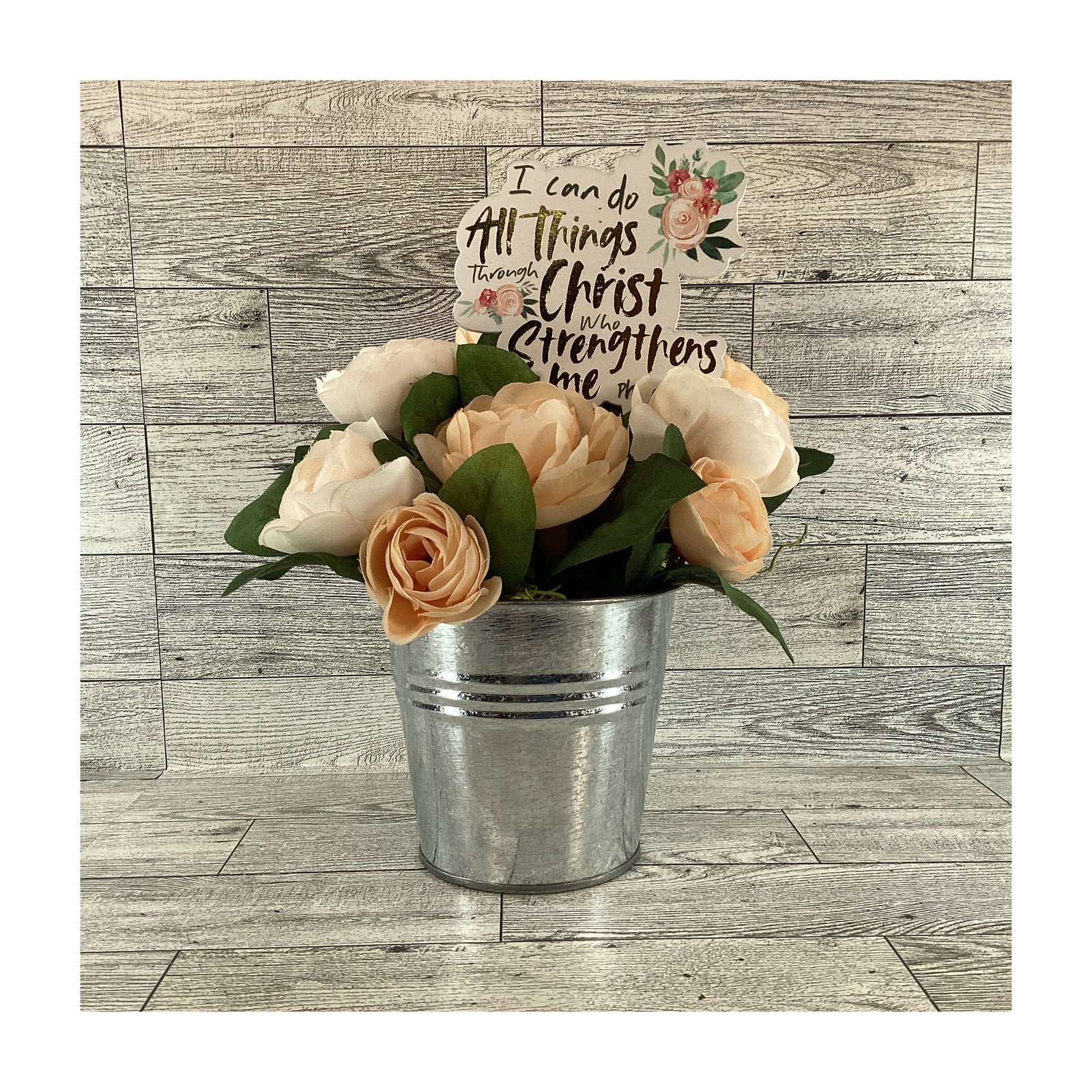 AGD Faith-based Gift Decor -  Phil 4:13 Galvanized Blush Floral SM Display