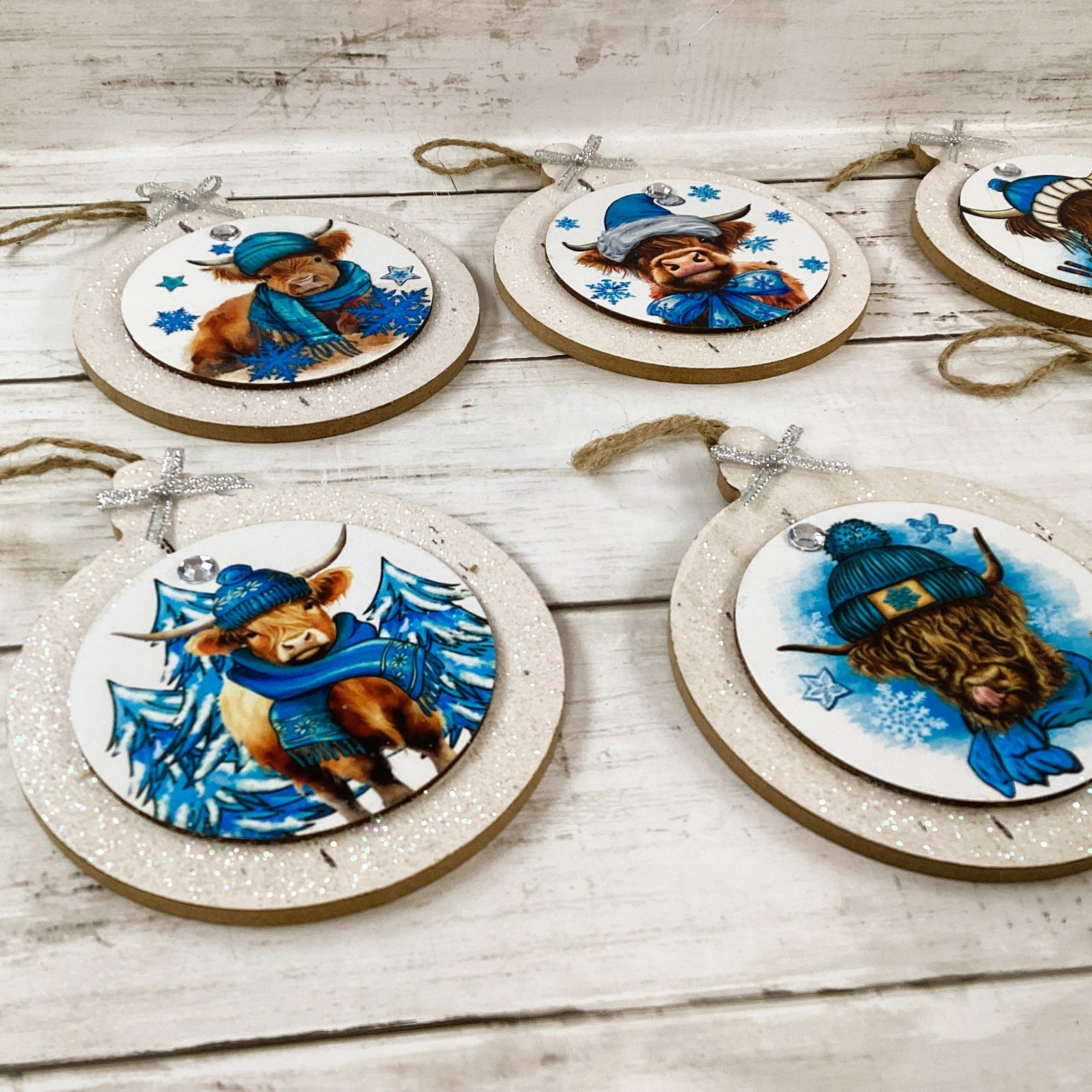 AGD Christmas Decor -  Blue Highland Scottish Cow Ornaments 4pc Set