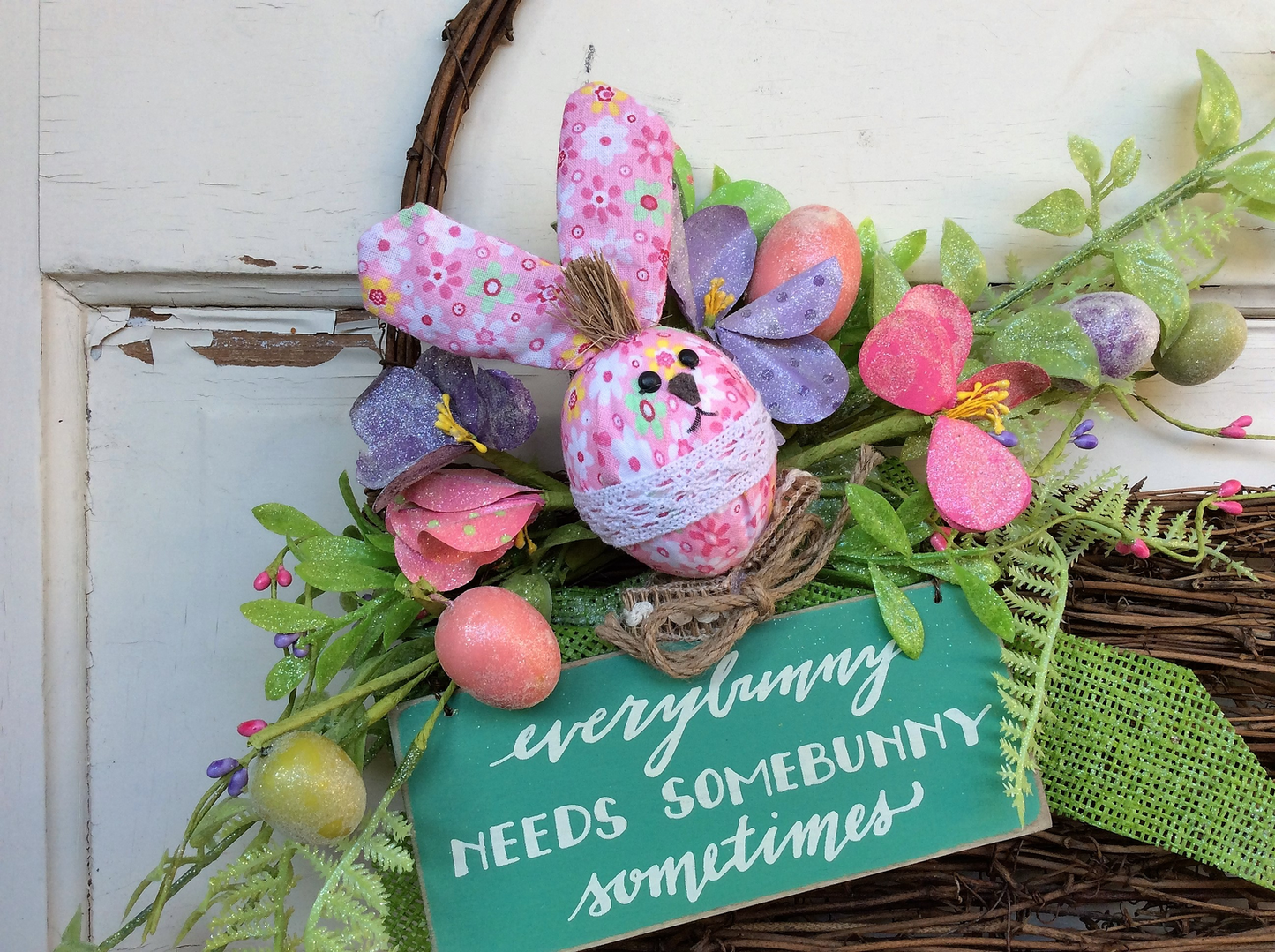 AGD Spring Easter Decor – Every Bunny Needs Somebunny Grapevine Basket Wreath