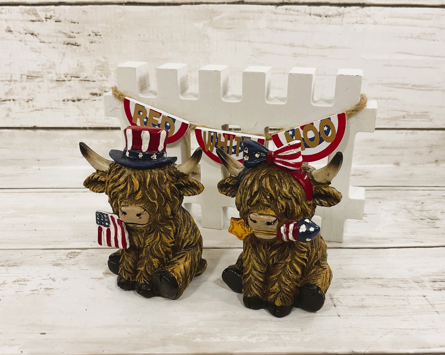 AGD Patriotic Decor - Red White Moo Highland Cows Fence Banner Stand