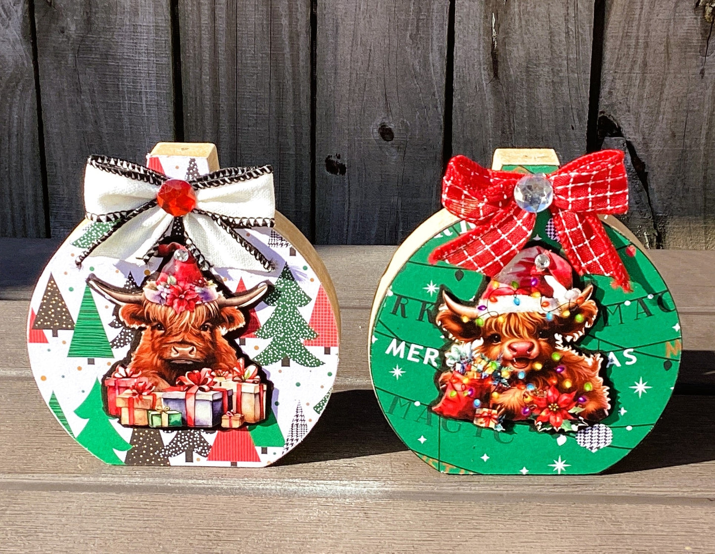 AGD Christmas Decor - Highland Cow Wood Chunky Wood Bulb Sitter 4pc