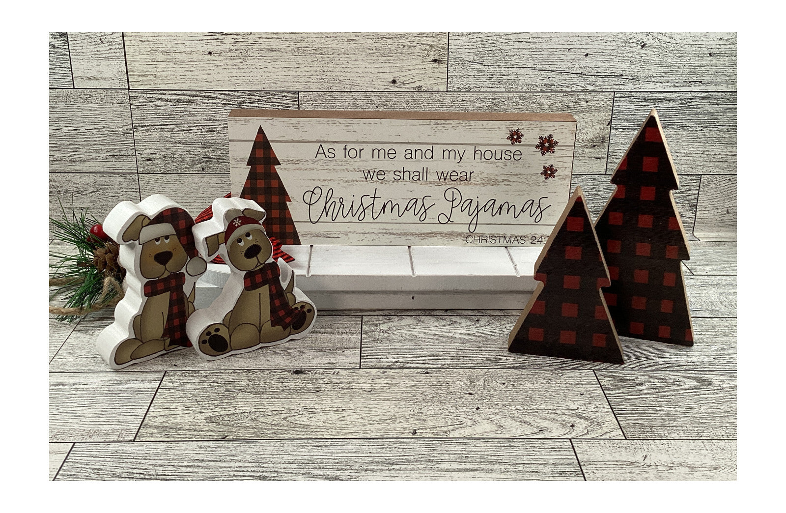 AGD Christmas Decor - Dog Pajamas Plaid Wood Tree Sled Display 6pc