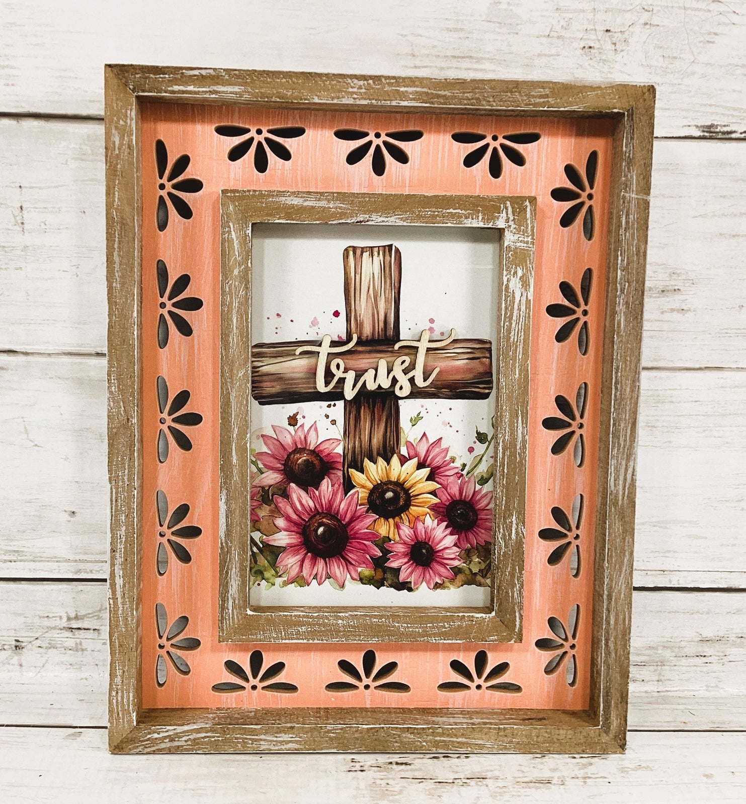 AGD Home Decor - Trust Cross Pink Sunflower Wood Tabletop Sign