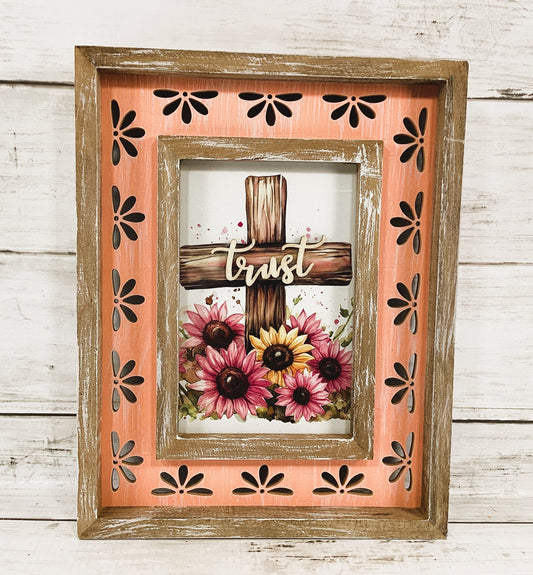 AGD Home Decor - Trust Cross Pink Sunflower Wood Tabletop Sign