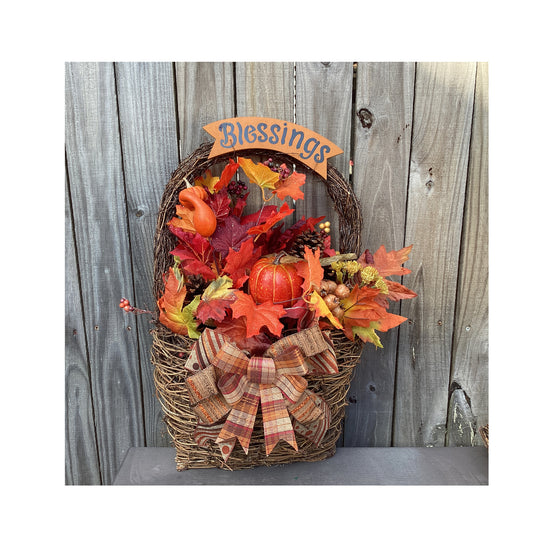 AGD Fall Decor - Large Blessings Grapevine Basket Harvest Floral Wreath
