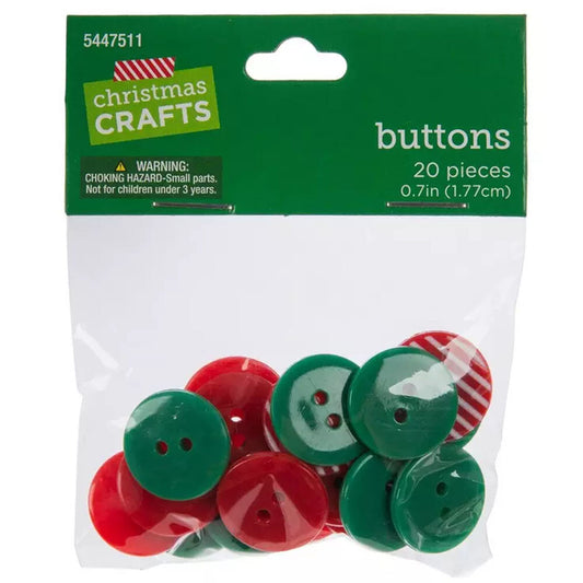 HL  Christmas Craft Supply - Red Green White Plastic Button Embellishments 20pc