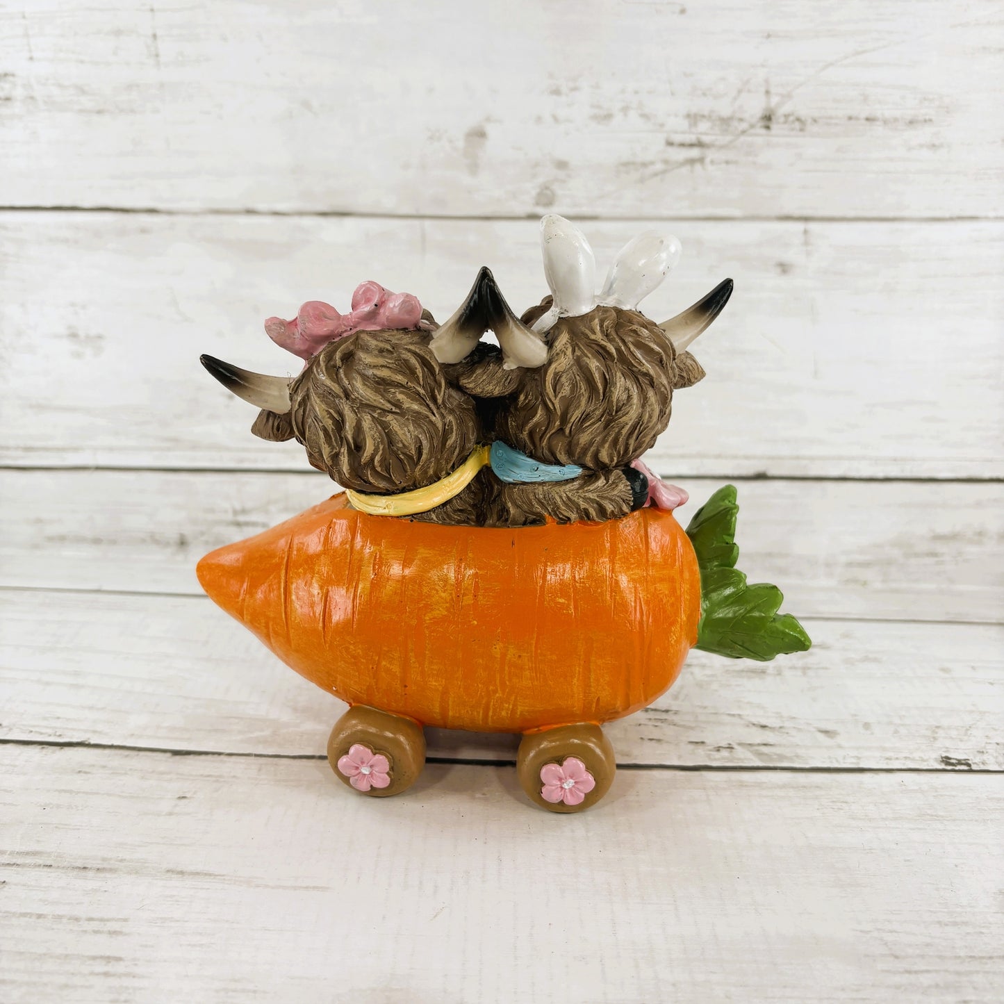 Gerson Easter Decor - Resin Highland Cows in Carrot Car Cart Figurine