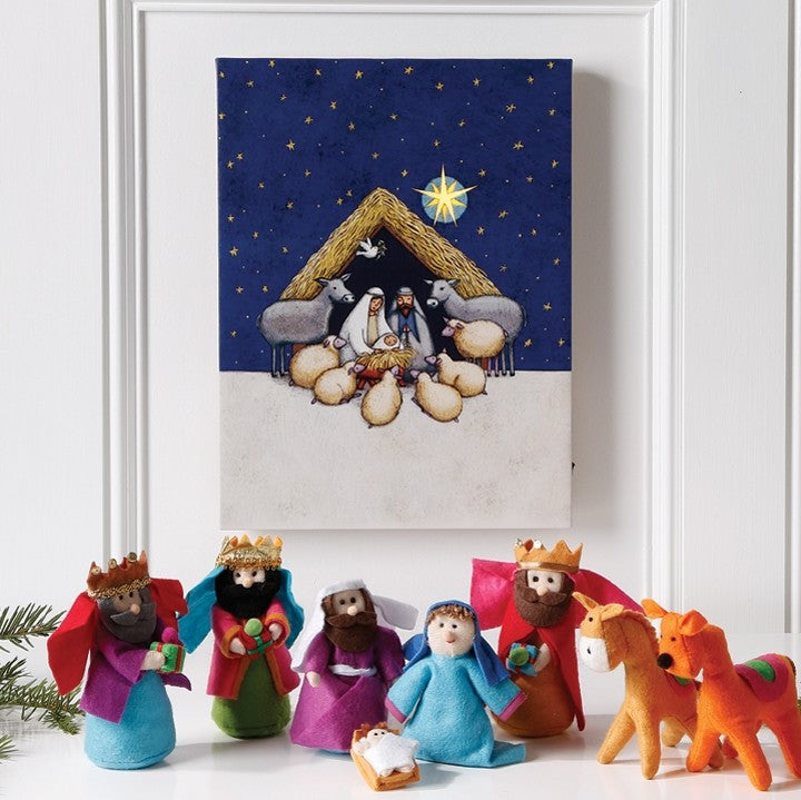 Raz Christmas Decor - Holy Nativity Prim Sheep and Family Lighted Print Art