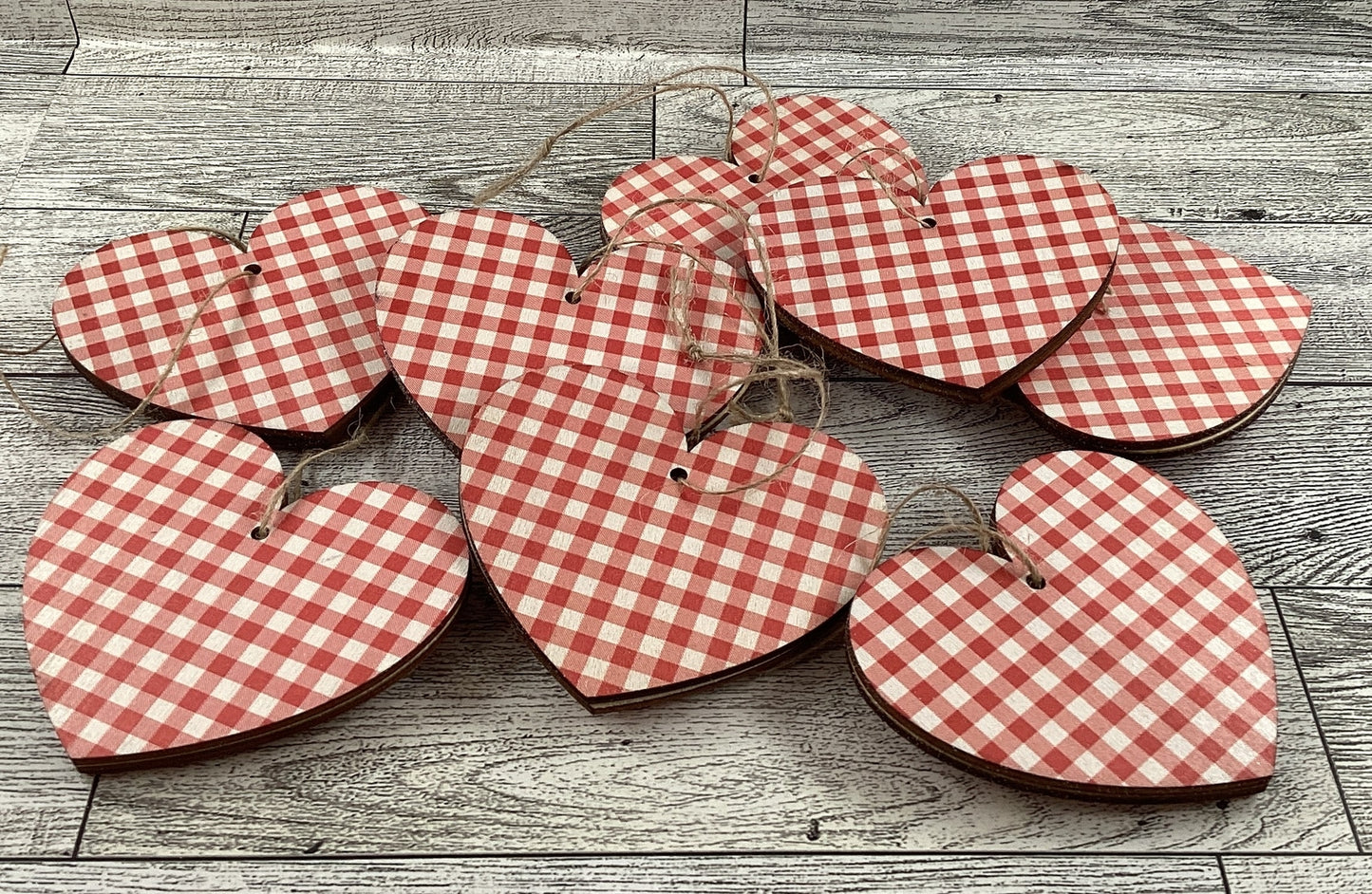AGD Valentines Decor - Pink Red White Plaid Layer Wood Ornaments 13pc