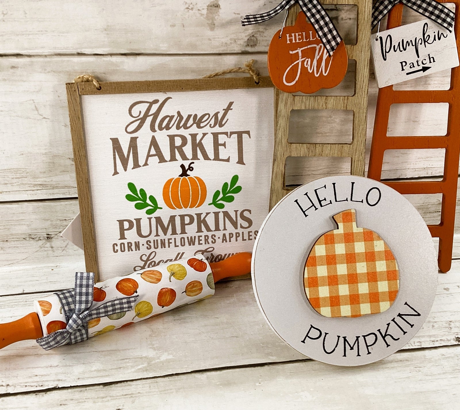 HL Fall Decor - Hello Pumpkin Theme Ladder Rolling Pin Tier Tray 5pc Set