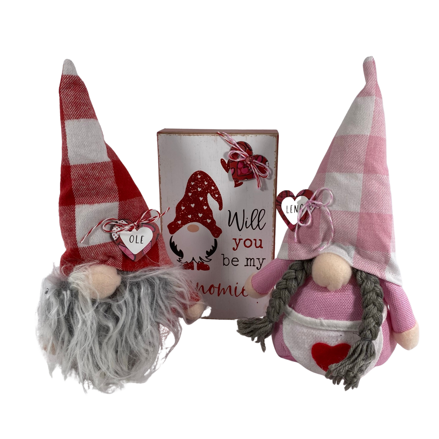 AGD Valentines Decor - Ole Lena Fabric BE My Gnomie Gnome Sign 3pc