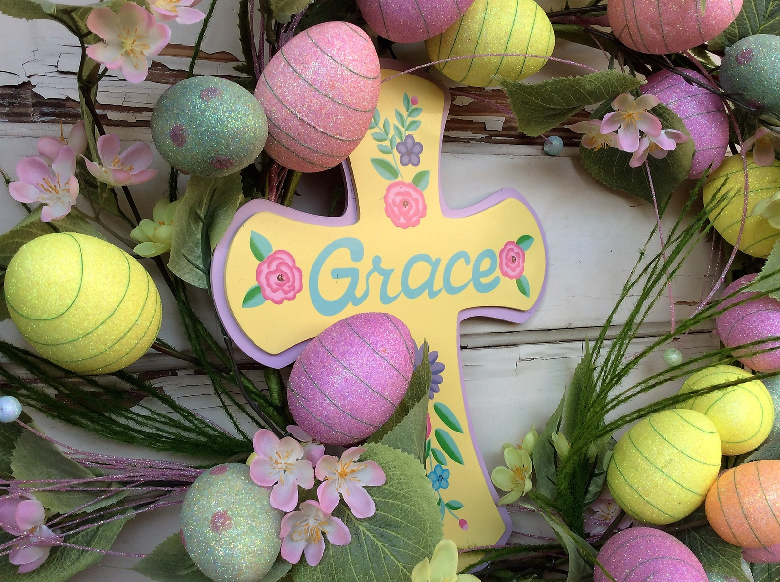 AGD Spring Easter Decor – Grace Cross Glitter Eggs Floral Fern Wreath